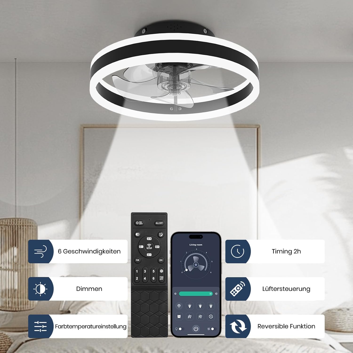 Thumbnail 4 de Nalezuns Ventilator Deckenleuchte mit LED, 3 Farbtemperaturen & 6 Geschwindigkeiten