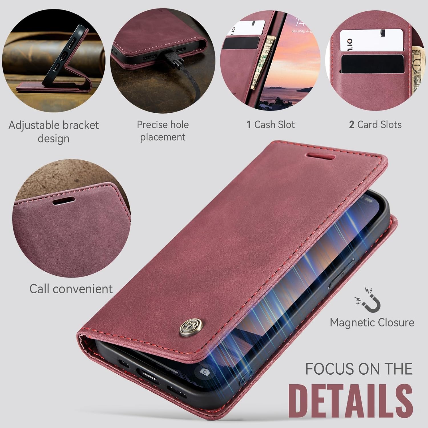 Thumbnail 2 de Azororo Handyhülle für iPhone 14 5G im Flip-Case-Stil mit Kartenfach & Standfunktion (Weinrot)