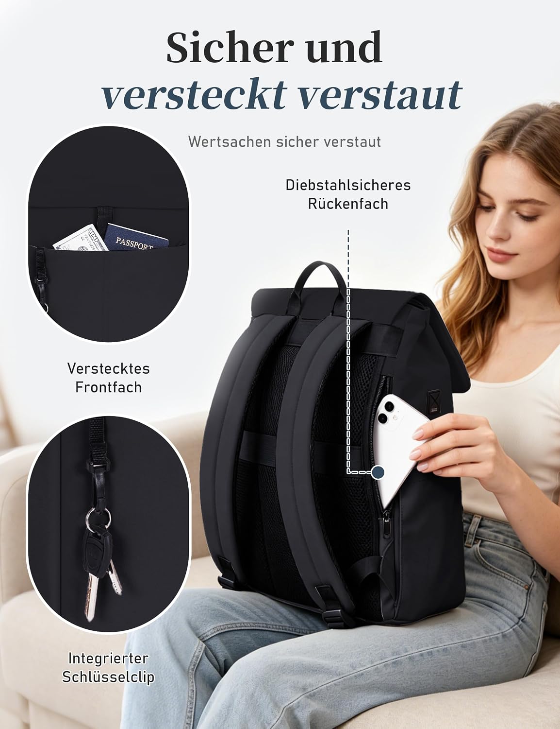 Detalle de ECOHUB Rucksack Damen 16 Zoll Laptop – City-Ansatz mit Diebstahlschutz, 8 Fächer und Trolley-Schlitz