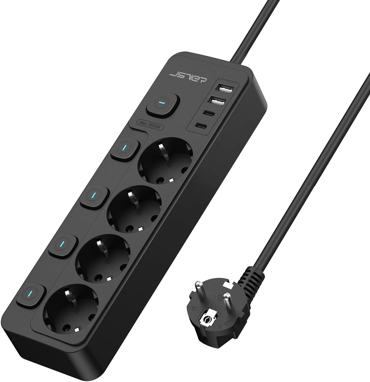 JSVER Multiprise USB avec interrupteurs individuels, 4 prises CA et 2 USB-A (2 ports USB-C) noire