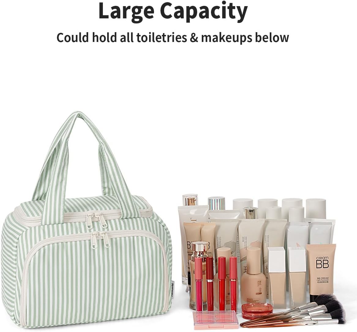 Detalle 2 de Narwey Large Toiletry Bag for Women (Mint Green Stripe): A Practical Travel Organizer