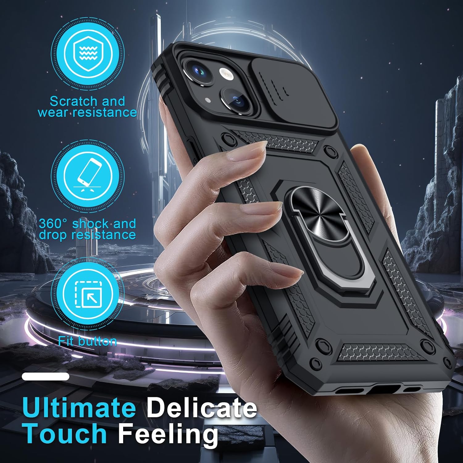 Thumbnail 6 de Janmitta Case for iPhone 14 & 13: Heavy-Duty Case with Slide Camera Lens Cover, Built-In Screen Protector, Kickstand, and Finger Ring