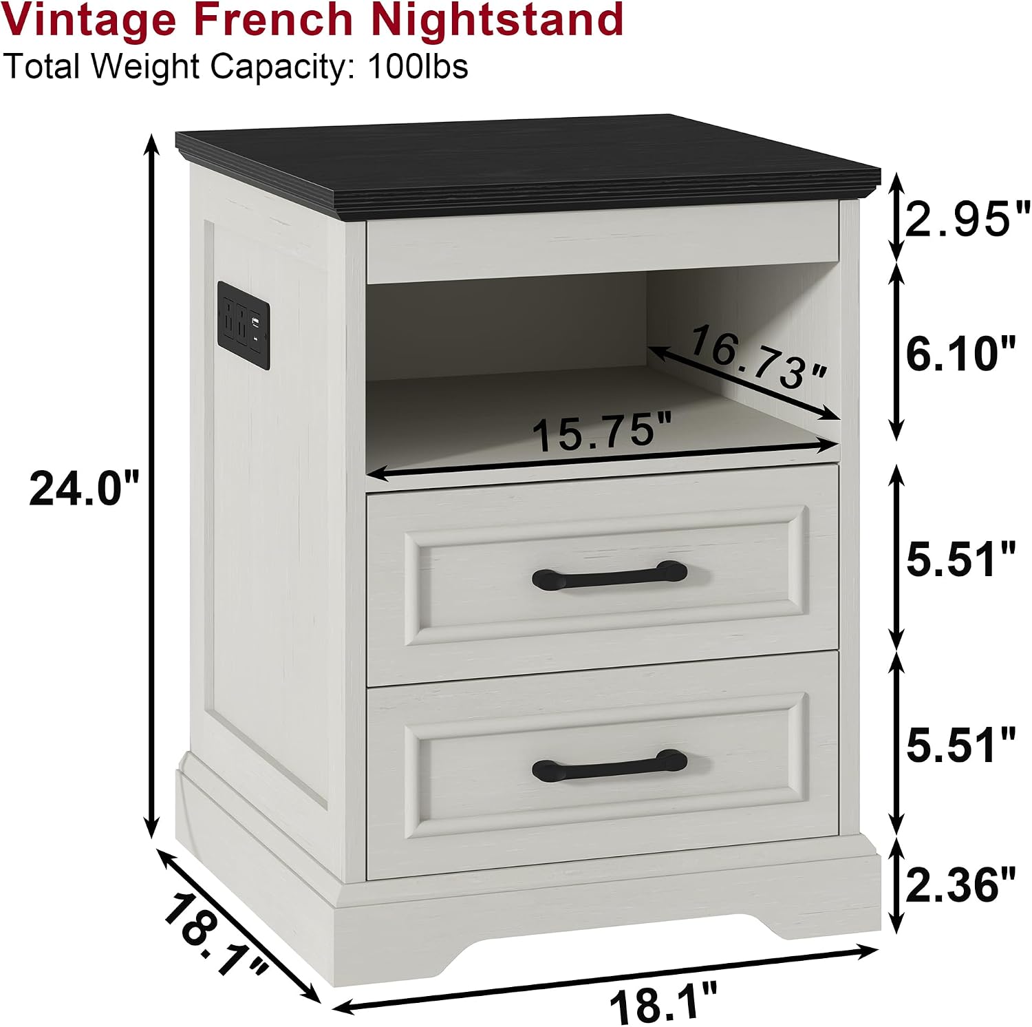 Thumbnail 2 de Yusong Nightstands Farmhouse Bedside Table with Charging Station and 2 Drawers