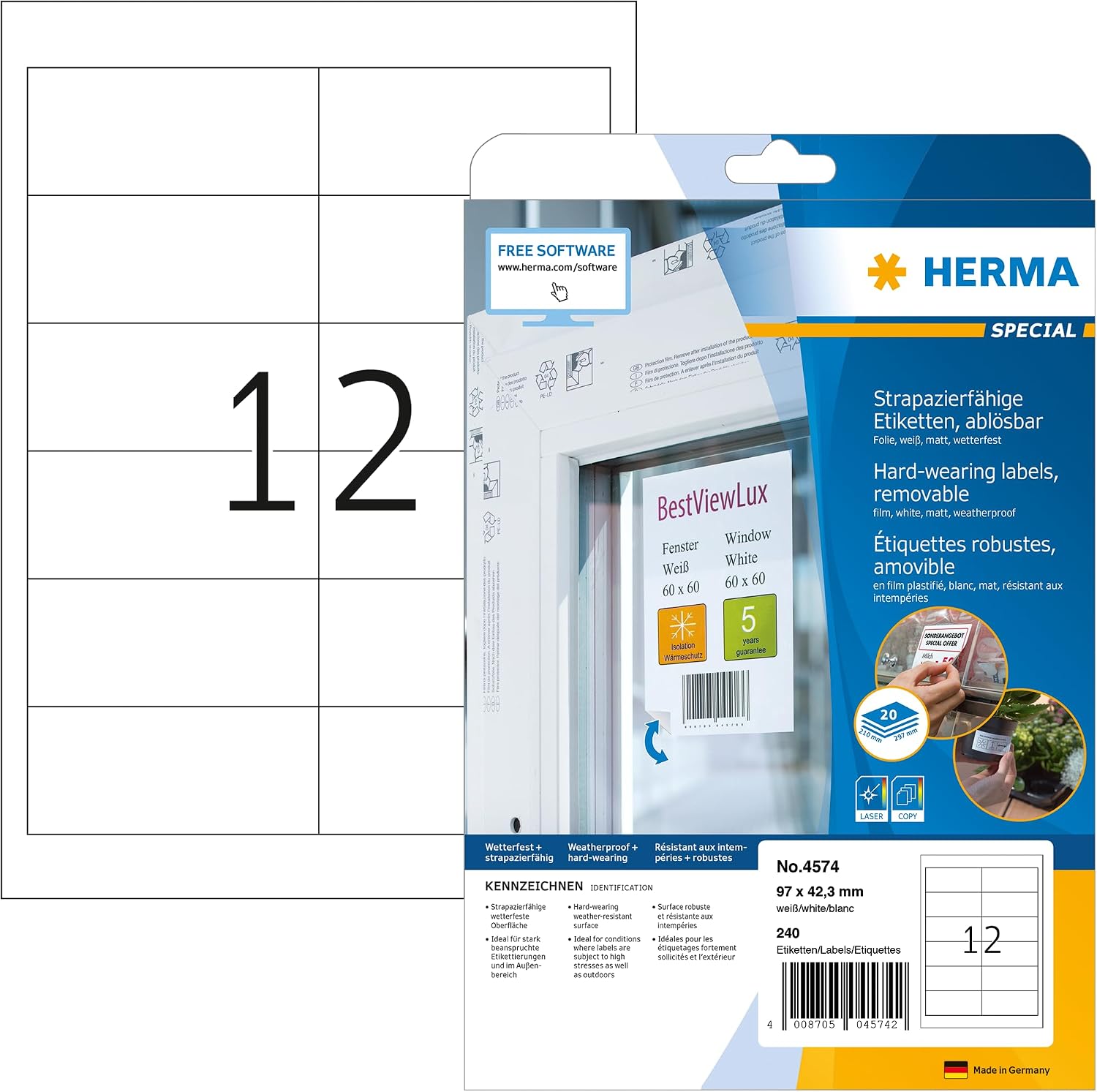 Detalle de HERMA 4574 väderbeständiga, avtagbara A4-etiketter i polyesterfolie, 97 x 42,3 mm