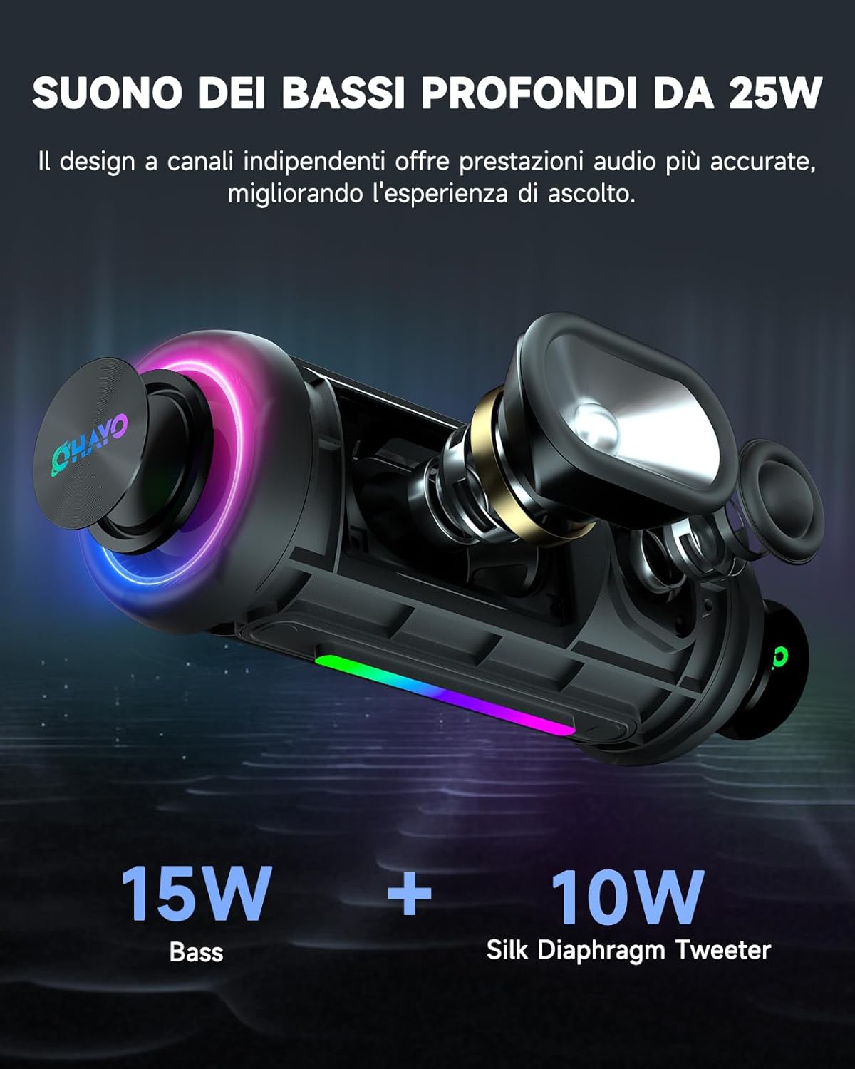 Detalle de OHAYO X10: Cassa Bluetooth Potente 25W con Doppio Driver, Luci RGB e IPX7