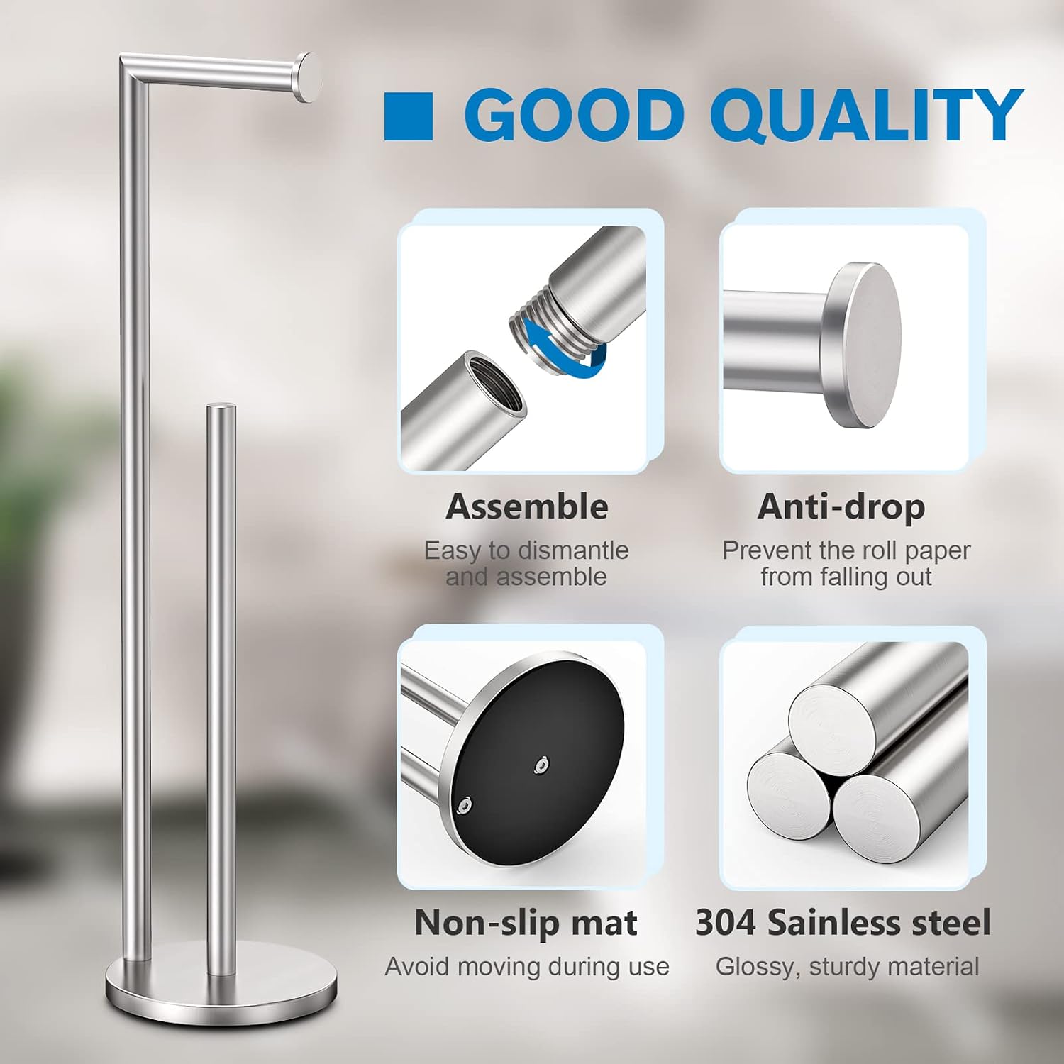 Detalle de Bathth SW002 Freestanding Toilet Paper Holder, Brushed Nickel, 4-Roll Storage