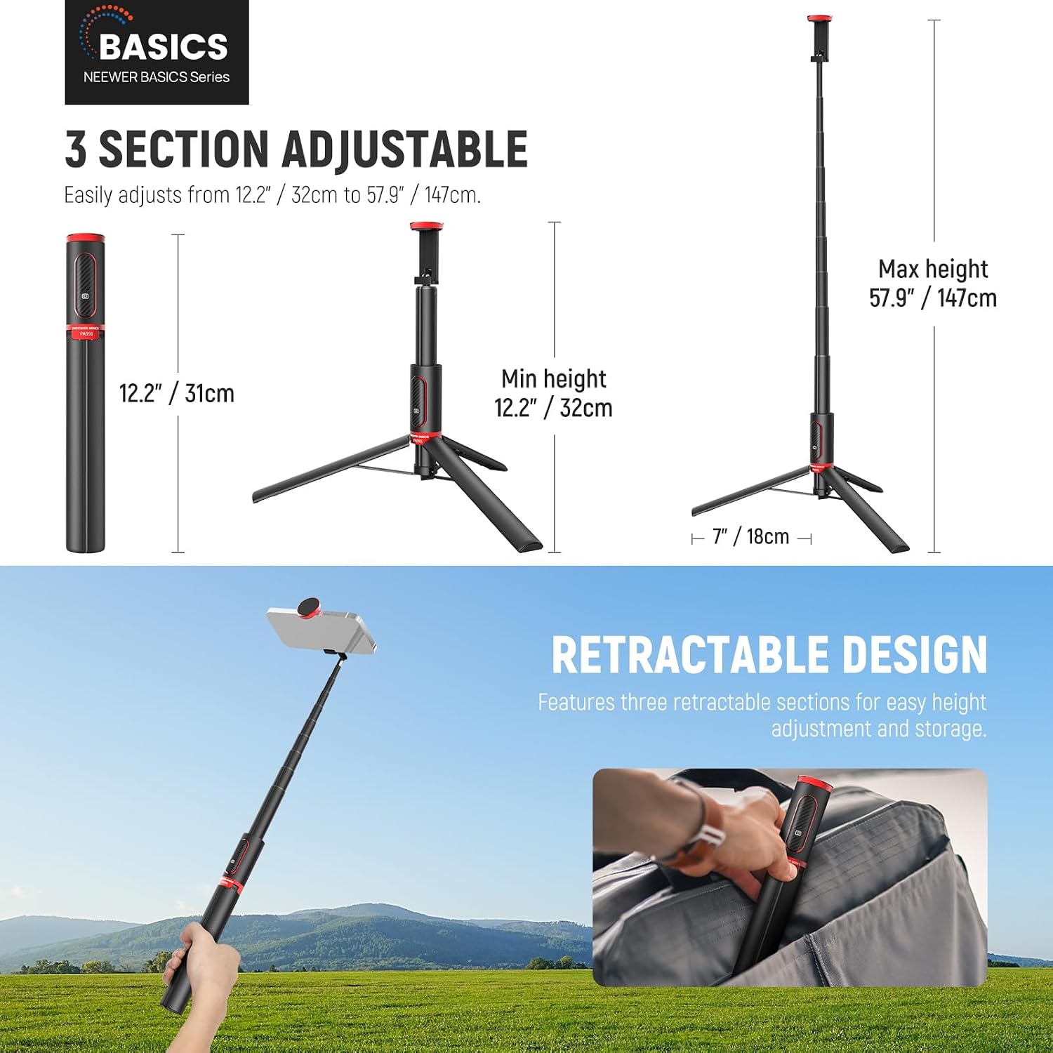Detalle de NEEWER Basics PA991 adjustable selfie stick tripod with phone holder and rechargeable remote
