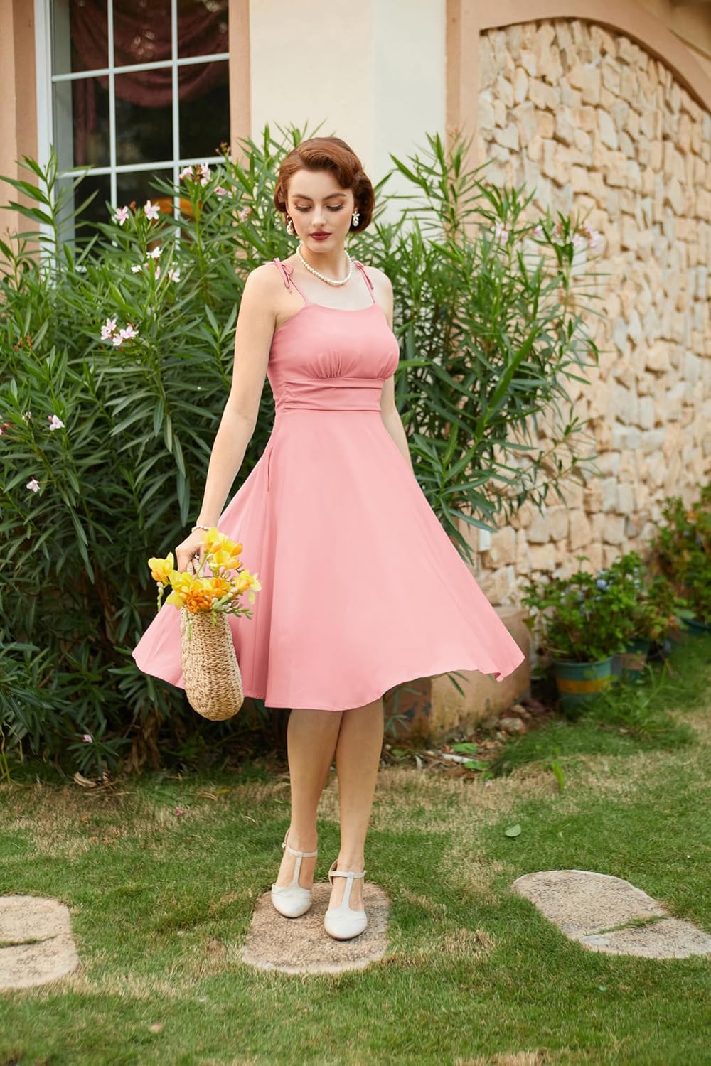 Detalle 2 de Robe d'été Belle Poque pour femme – Robe midi à bretelles spaghetti, ligne A, poches et doublure