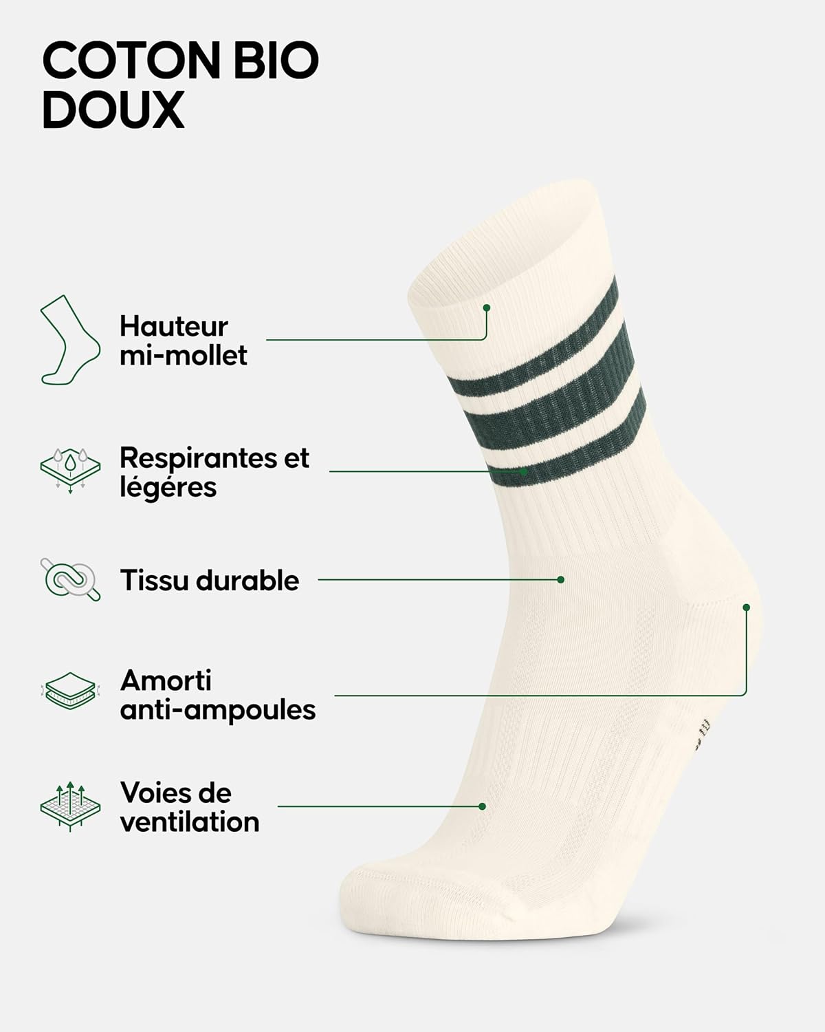 Thumbnail 1 de DANISH ENDURANCE Chaussettes de Tennis – Lot de 3 ou 6, coton bio rayé, rembourrées, pour homme et femme