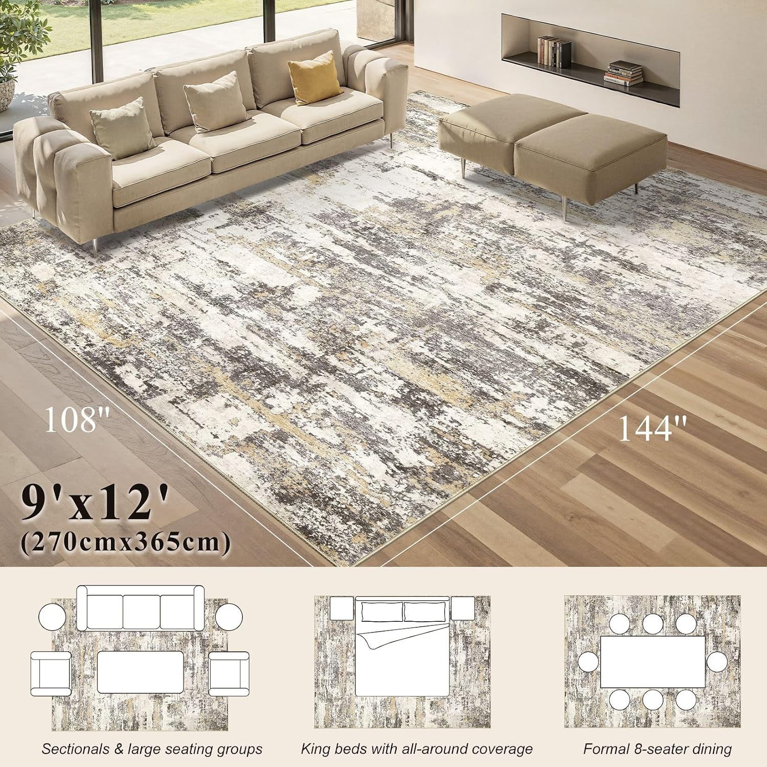 Detalle 2 de Jessibou 9' x 12' Abstract Washable Area Rug, Gold Brown, Low Pile