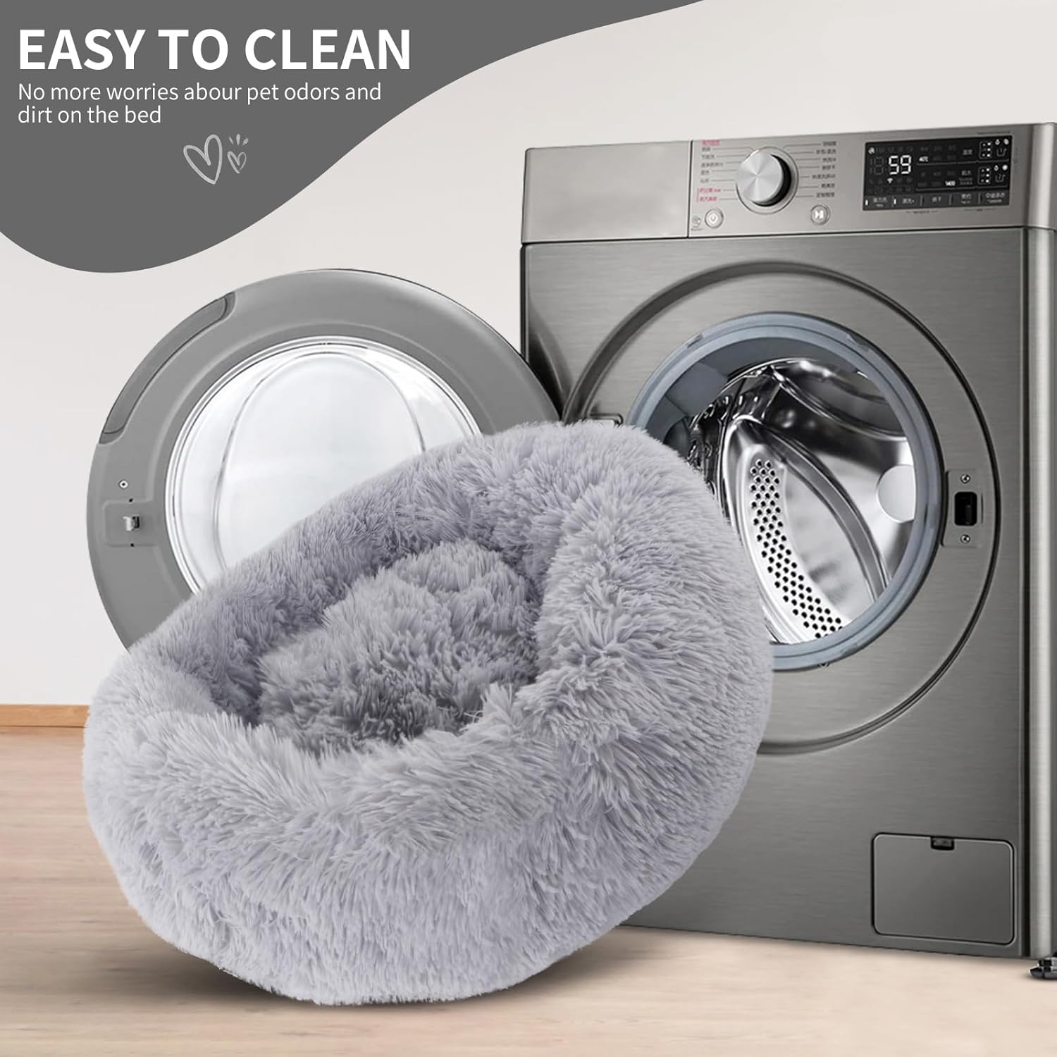 Thumbnail 6 de BVAGSS Donut-Hundebett rund für Katzen und Hunde – Flauschiger Plüsch, waschbar, Ø 60 cm (hellgrau)