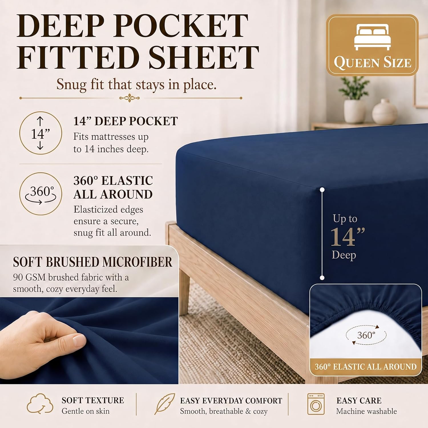 Detalle 1 de CozyLux CLUS25G90L2QU Queen Comforter Set, Navy Blue, 240 GSM, 7-Piece