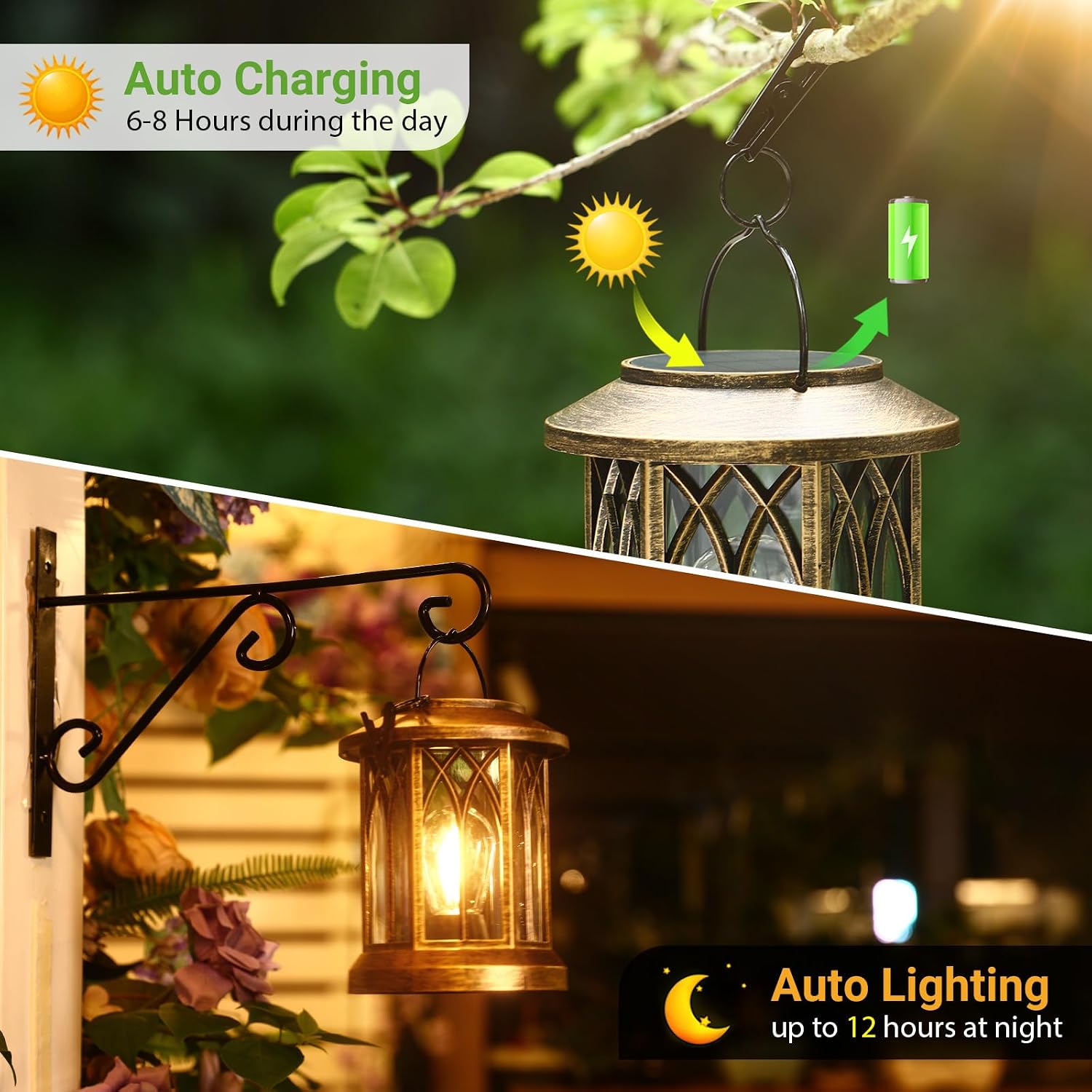 Detalle 2 de BUCASA Solar Lanterns Outdoor Garden Lights (2-pack) – Retro hexagon hanging solar ornaments in bronze