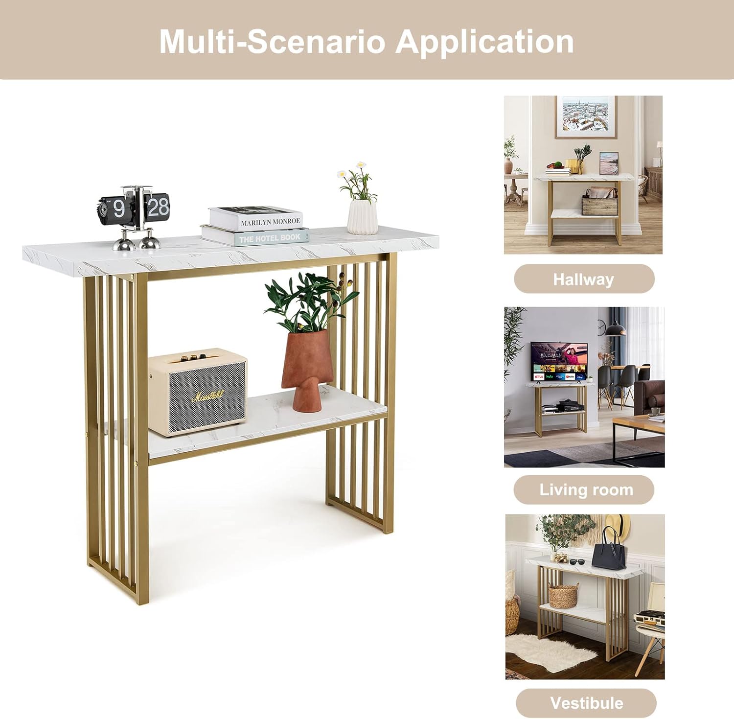 Thumbnail 5 de LIFEZEAL Table Console à 2 Niveaux – Plateau faux marbre blanc et cadre doré, 120 x 30 x 93 cm