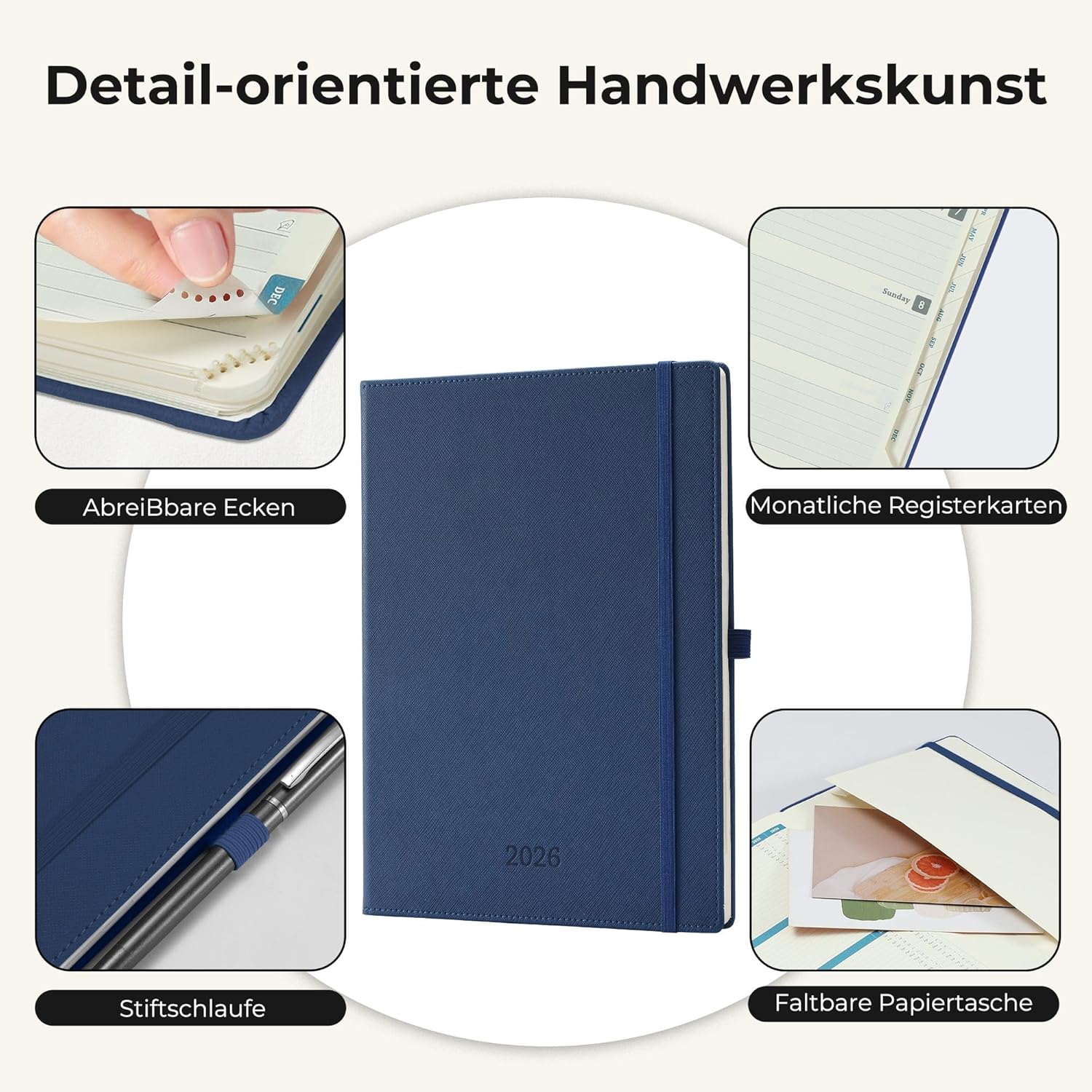 Thumbnail 5 de IN-LUXPRO Kalender 2026: A4 Buchkalender 29 × 21,7 cm – Wochenplaner mit 100GSM Papier, PU-Leder Marineblau