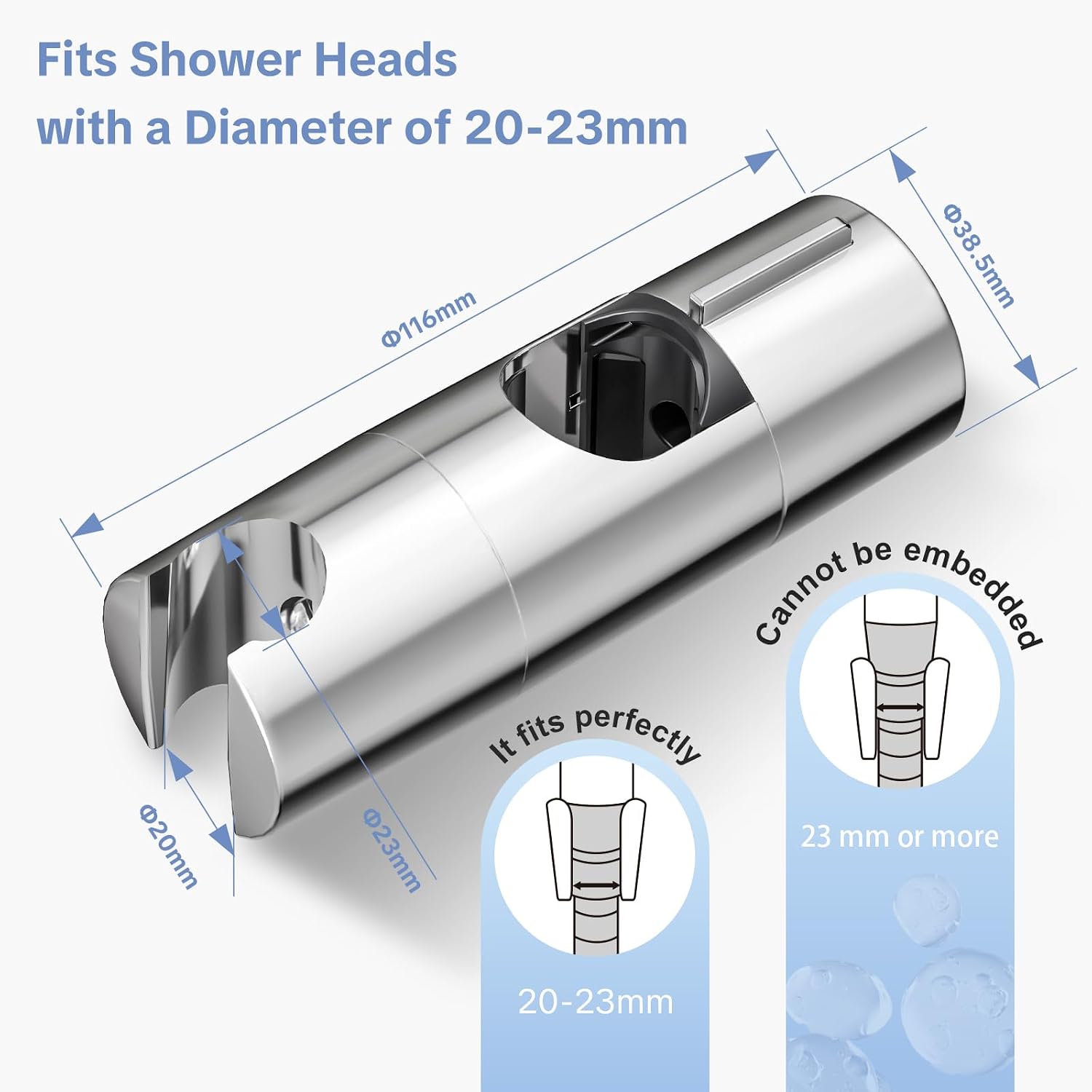 Thumbnail 1 de OFFO Shower Head Holder for 20-23mm — Adjustable 19-25mm Diameter Bracket, 45° Rotation, Chrome