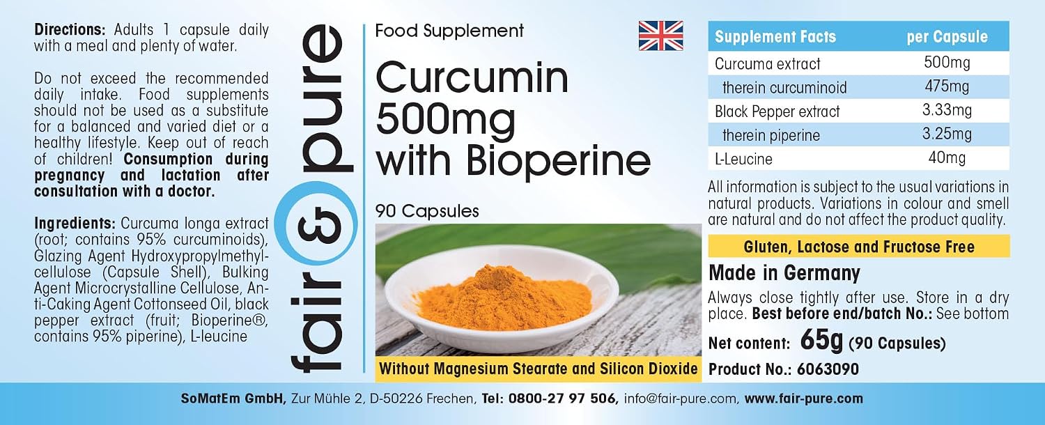 Detalle de Fair & Pure Curcumin 500 mg mit Bioperine – 90 Kapseln, vegan, in Deutschland hergestellt