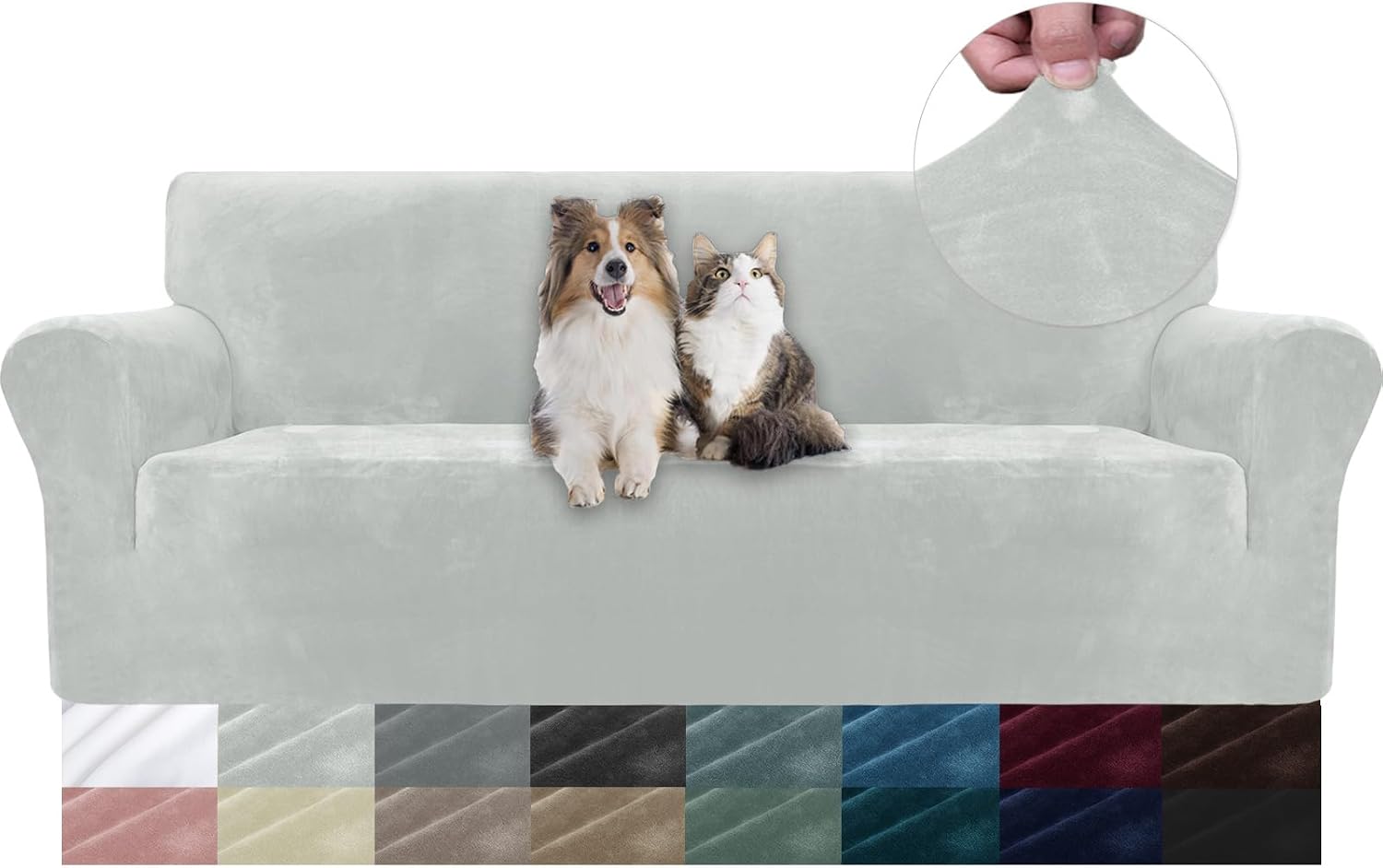Housse de canapé en velours 3 places YSTELLAA – Protection extensible anti-égratignures et lavable Gris Argent