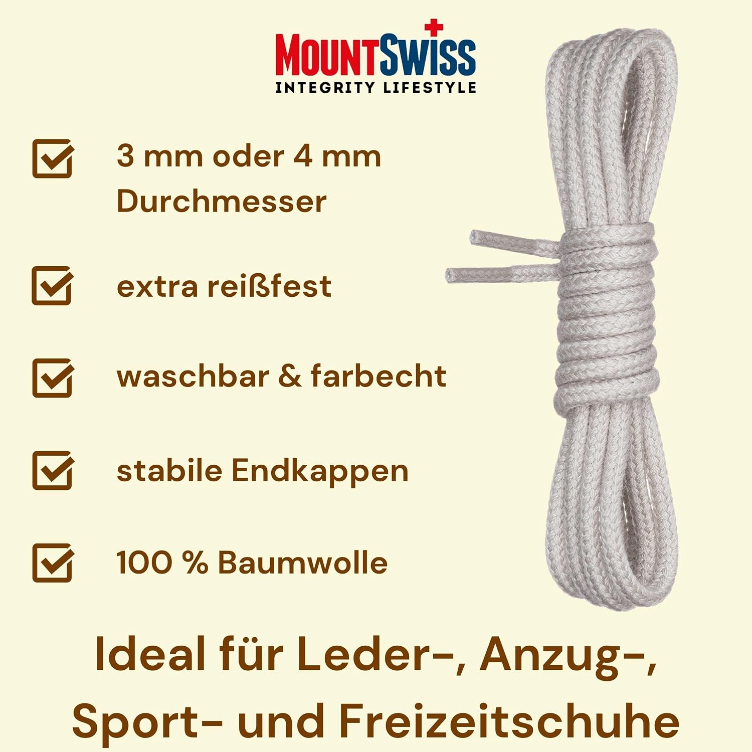 Detalle 2 de Mount Swiss Lacets ronds 3–4 mm, 100% coton premium – 45 à 200 cm