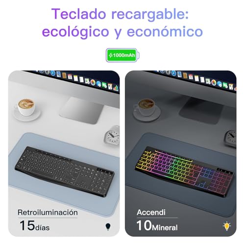 Thumbnail 3 de TECURS Teclado Gaming Inalámbrico QWERTY Silencioso, Ergonómico e Impermeable (2,4 GHz) para PC/Mac