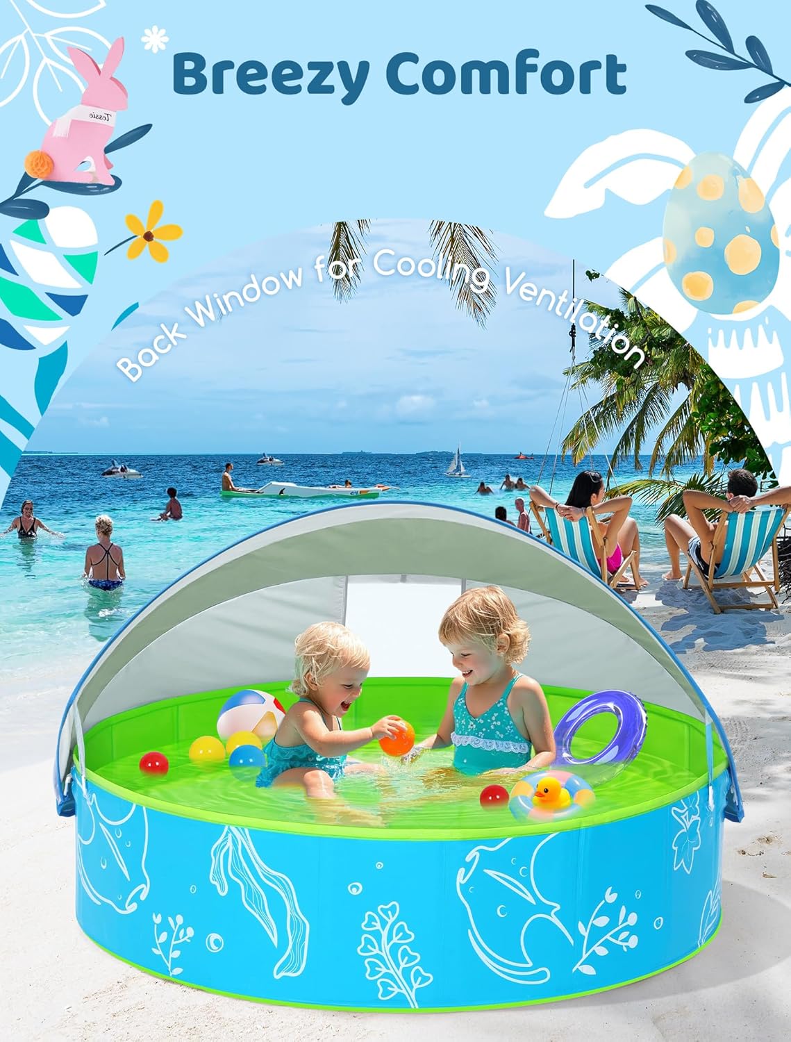 Thumbnail 3 de Hikiddy Planschbecken mit Schatten 120 cm – Pop-Up Pool mit Dach, Grün-Blau (Größe 120 cm)