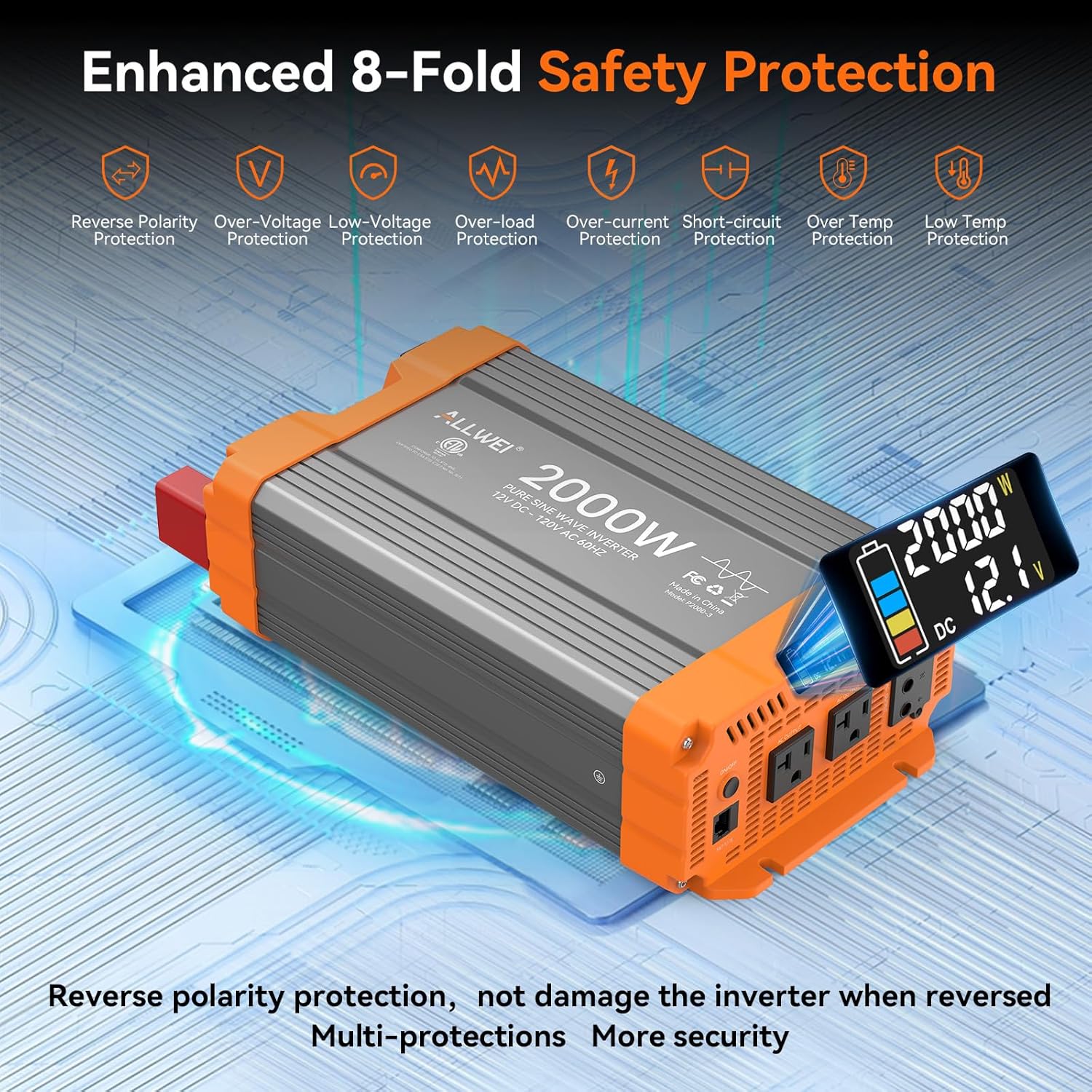 Detalle de ALLWEI 2000W Pure Sine Wave Inverter: 12V DC to 120V AC, 4000W Surge, Remote Control
