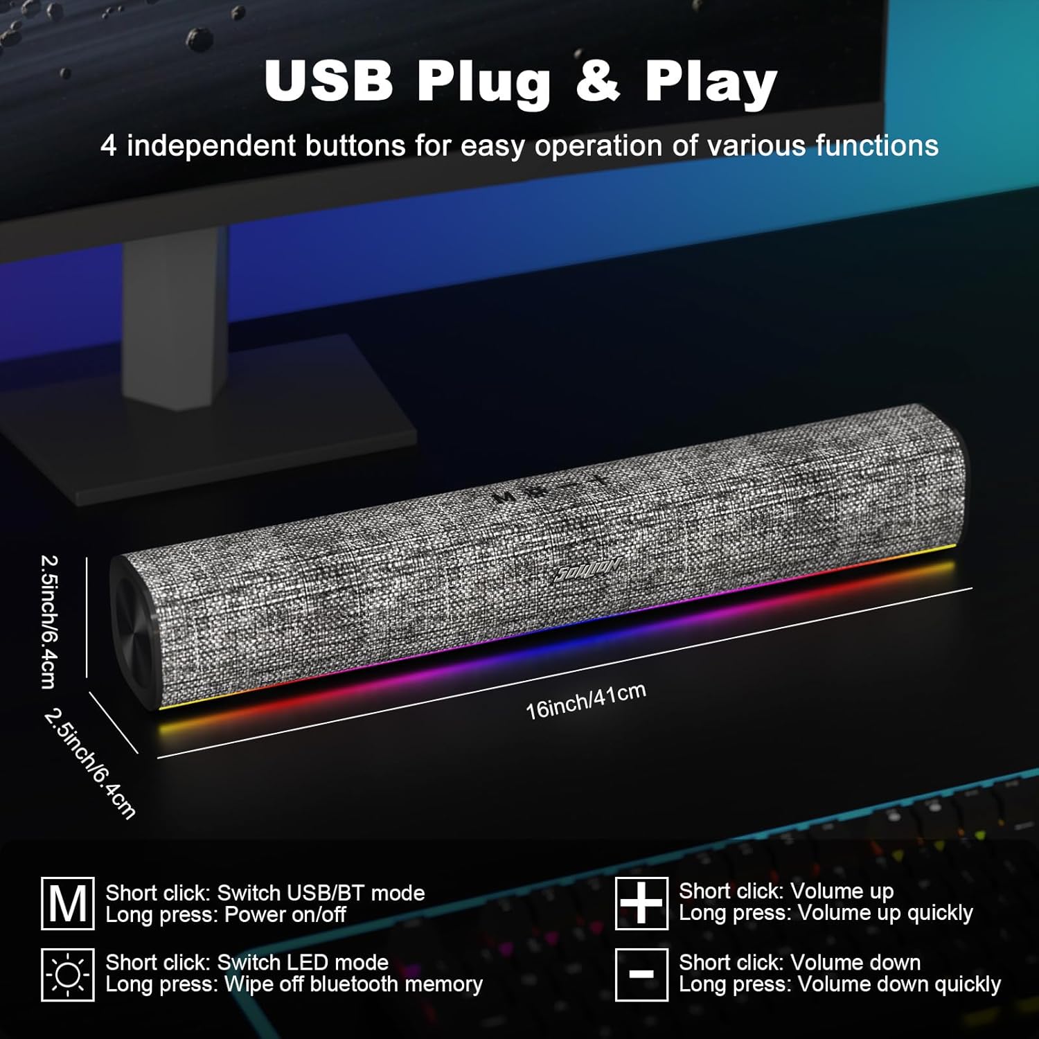 Thumbnail 3 de SOULION R100 PC Speakers: Compact USB‑Powered Bluetooth Soundbar for Desktop and Laptop