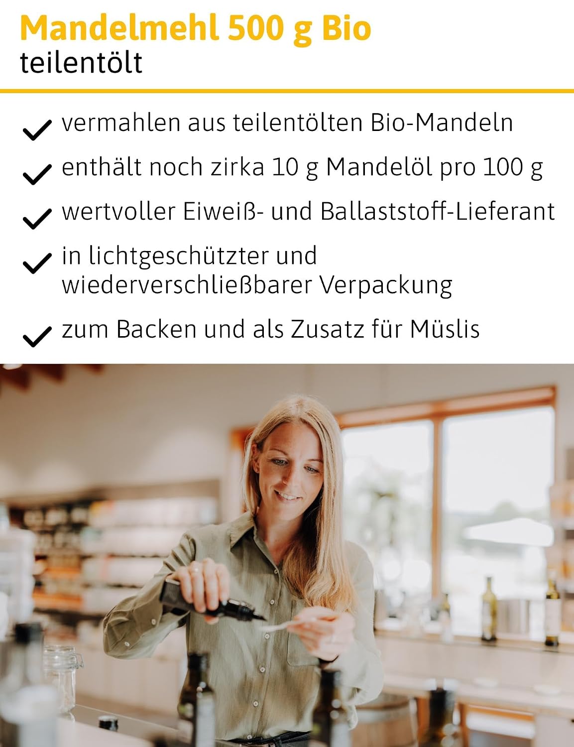 Detalle de ÖLMÜHLE SOLLING BIO Mandelmehl – Vermahlenes Mehl aus teilentölten Bio-Mandeln (500 g)