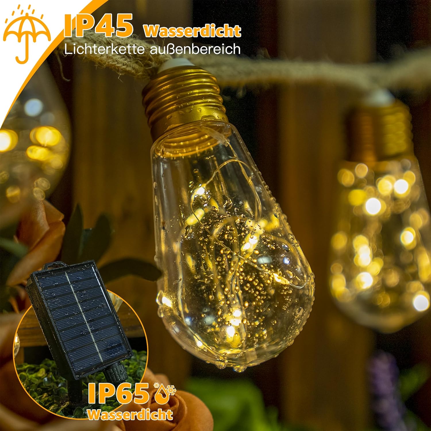 Thumbnail 6 de Ollny Solar-Lichterkette für außen mit 16 S17-Glühbirnen, 8 Modi & Timer (IP45) – USB und Fernbedienung