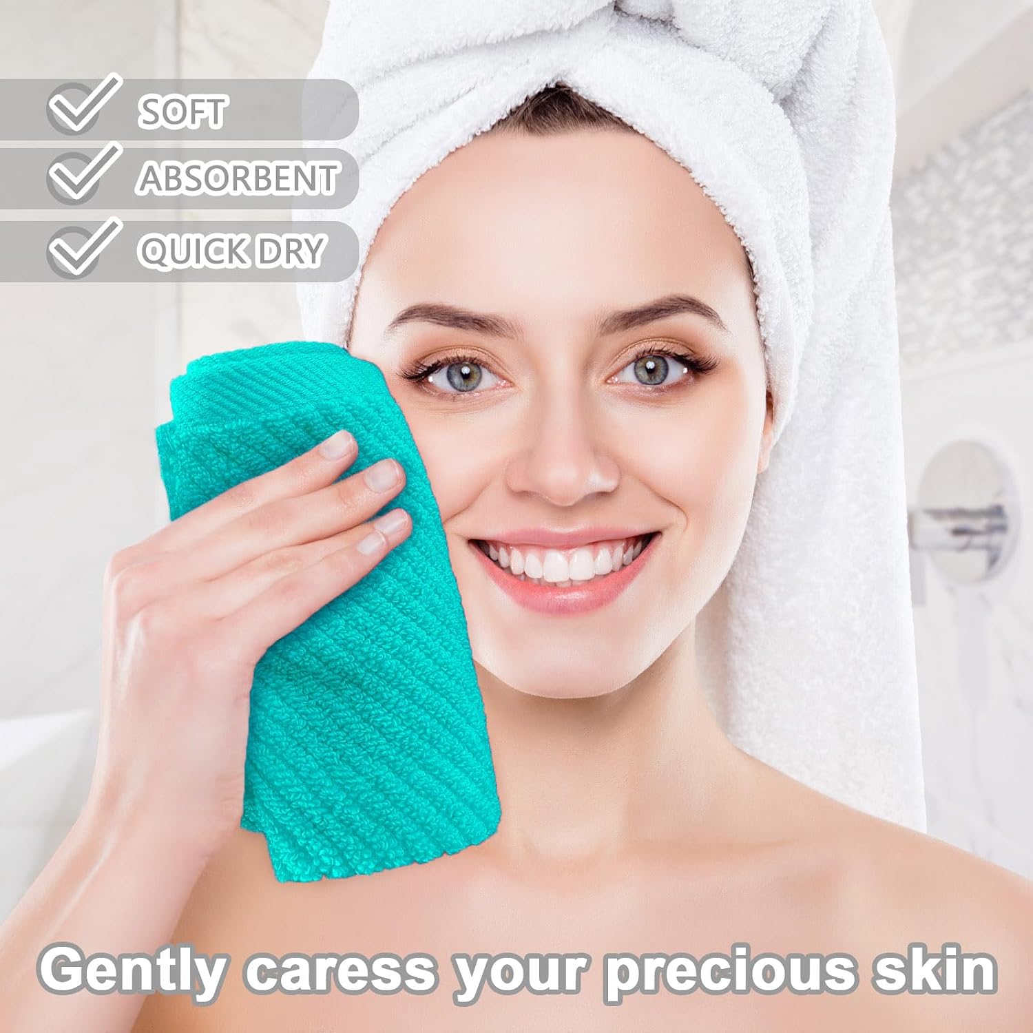 Detalle de Turquoise 100% Cotton Washcloths (Set of 6, 13"x13") — Soft, Absorbent, Quick-Dry
