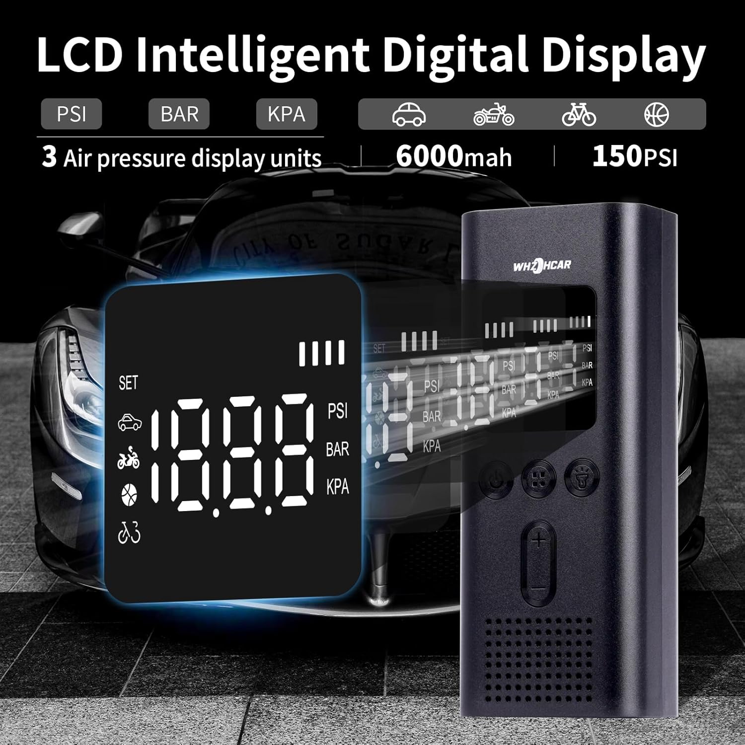 Detalle de Compresseur à Air Portatif 6000mAh – Gonfleur sans Fil 150 PSI pour voiture, moto et pneus, LED et affichage LCD