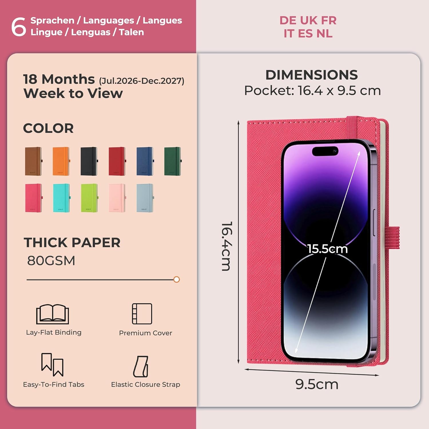 Thumbnail 1 de IN-LUXPRO Academic Diary 2026-2027 – Pocket A6 Week to View Slim (16.4x9.5cm) in Rose Red PU Leather