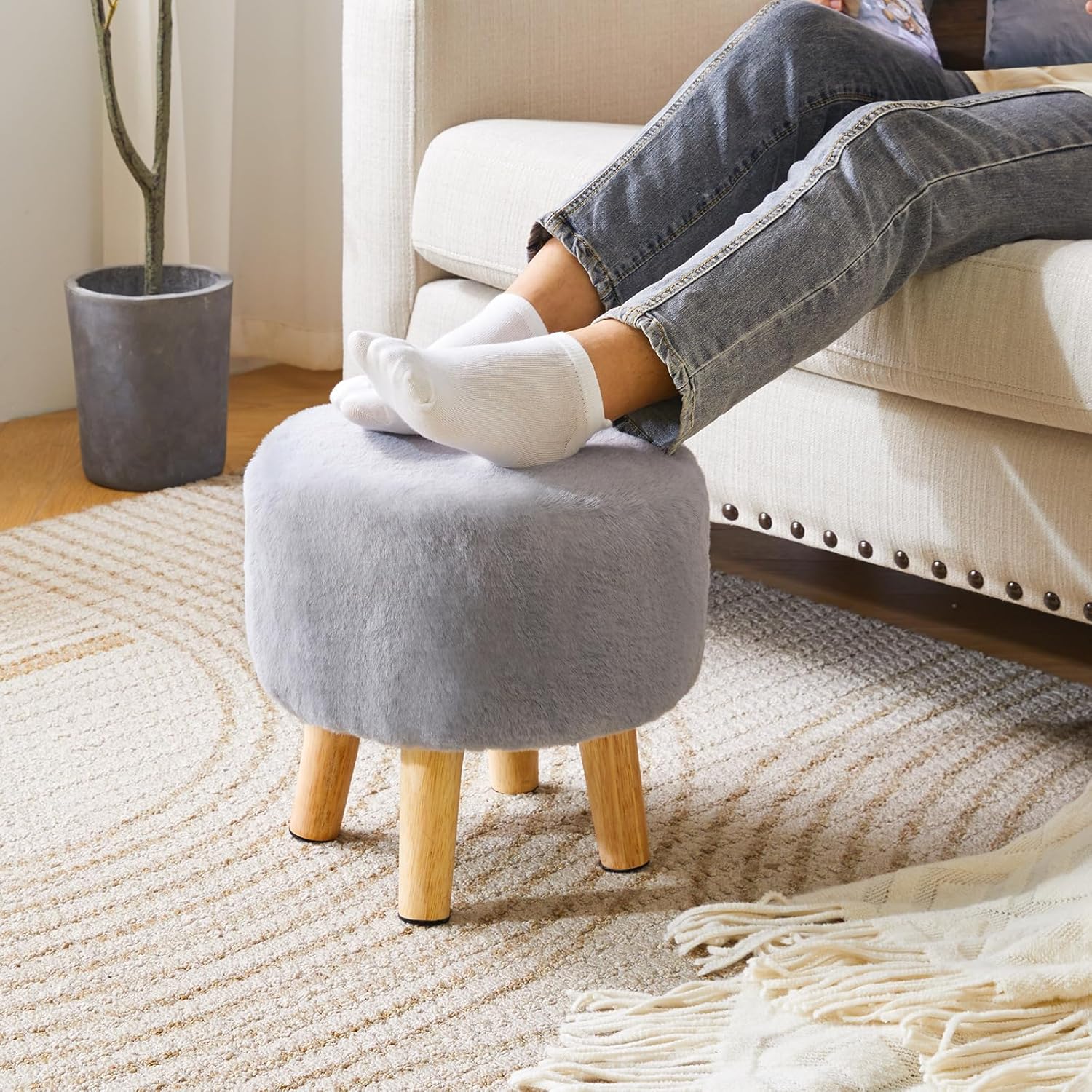 Thumbnail 3 de YMYNY Rotondo Poggiapiedi/Sgabello Ottomano in Poliestere con Gambe in Legno – Grigio, 32×32×32 cm