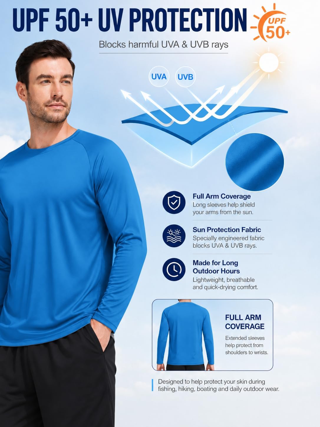 Detalle de Mens Sun Shirt UPF 50+ UV Protection 5-Pack Long Sleeve Shirts for Outdoor Active Wear