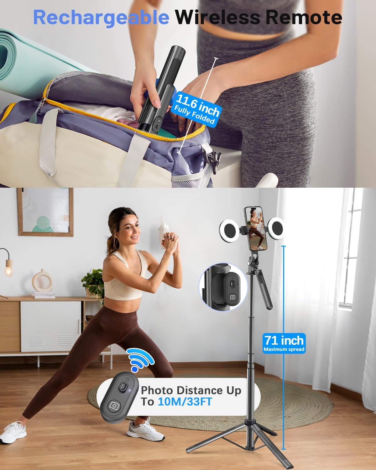 Detalle de Yeaki 71-Inch Vlogging Kit Tripod with Dual LED Lights, Wireless Mic & Remote