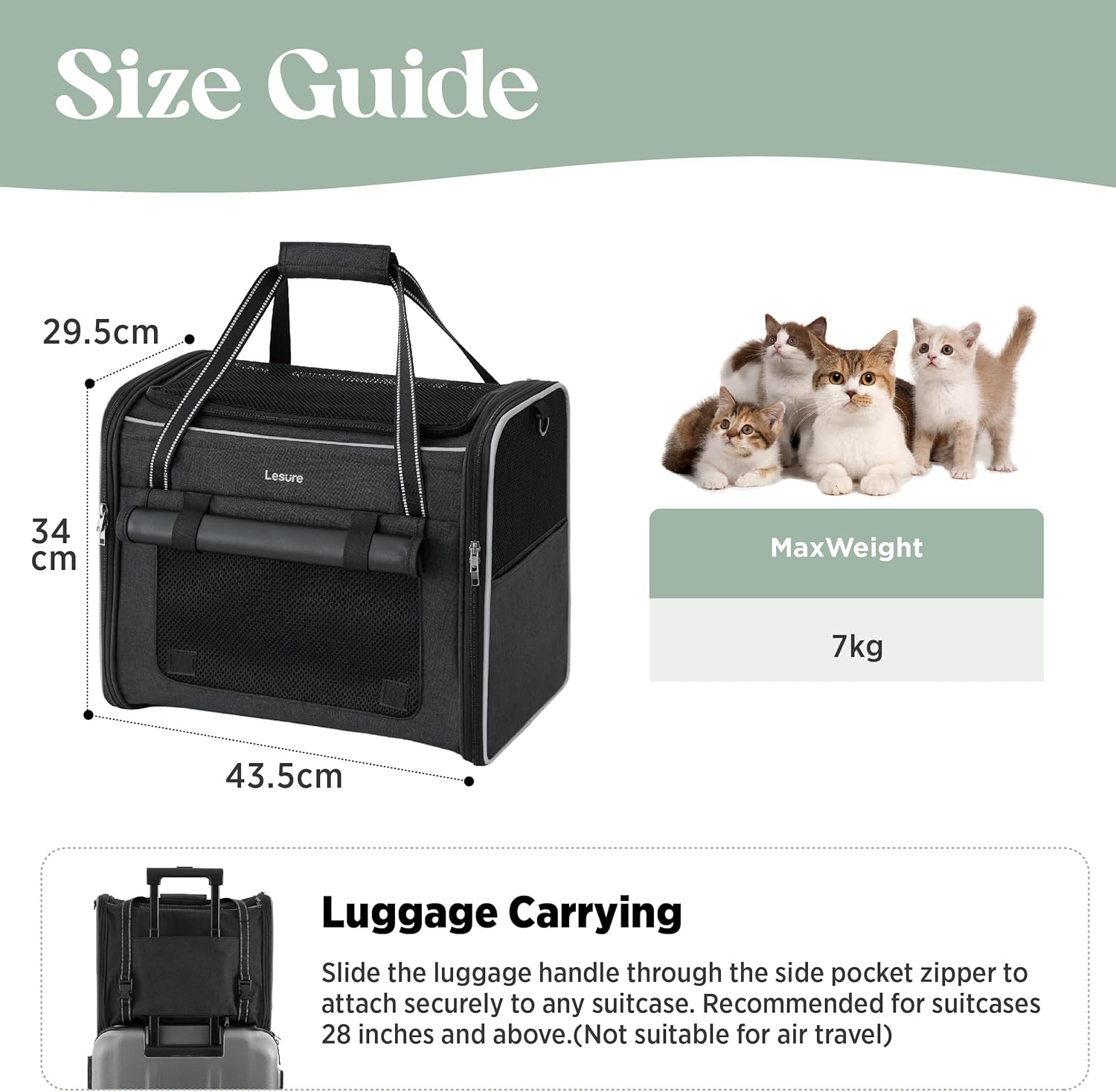 Detalle 2 de Lesure Foldable Cat Carrier for Travel – Stable Soft Sided Carrier with Mesh, 43.5x29.5x34cm (Black)