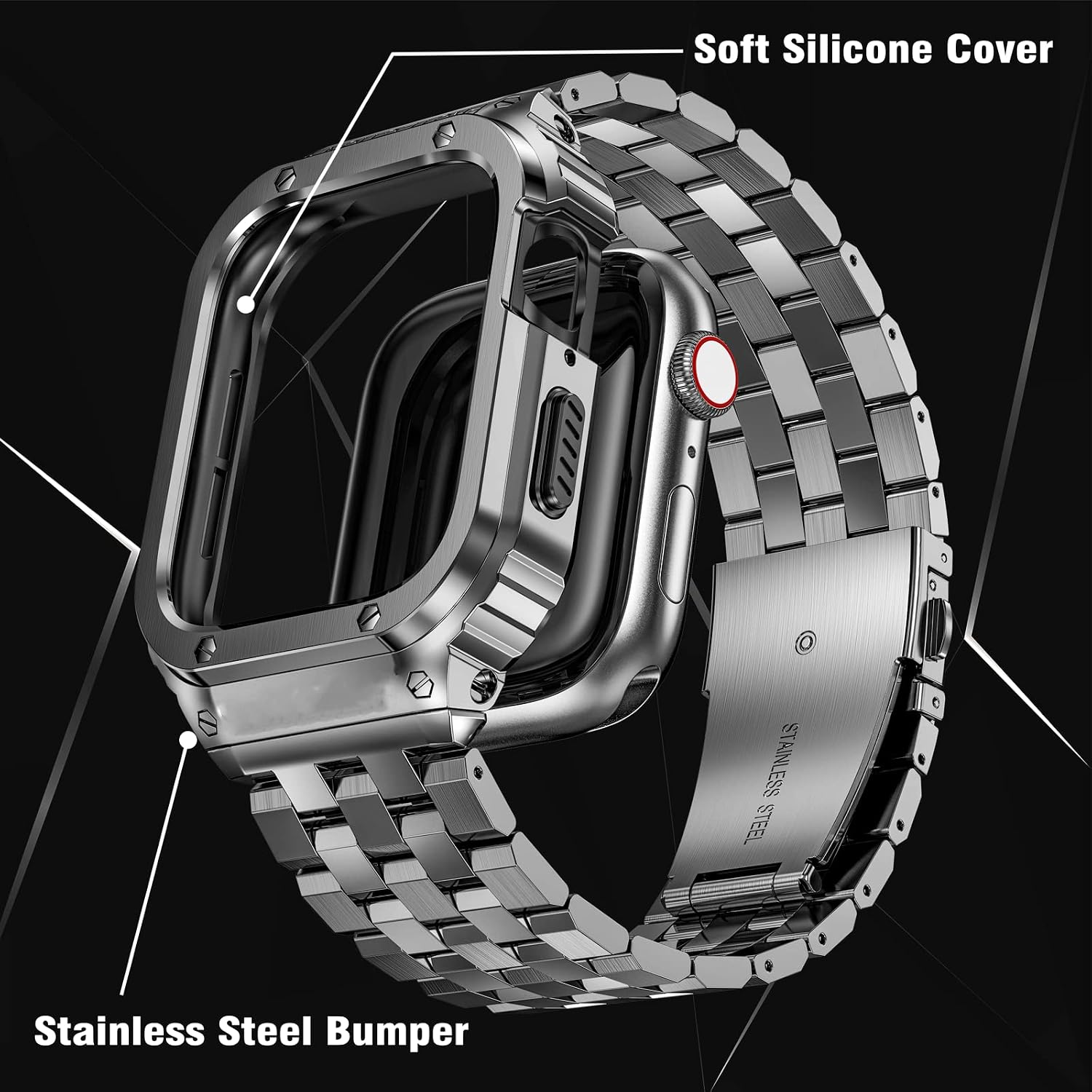 Detalle 2 de SUPLINK Stainless Steel Case with Strap for Apple Watch Ultra 3/2/1 & SE 3/2/1 & Series 11-1, 49mm-38mm, Rugged Bumper for Men