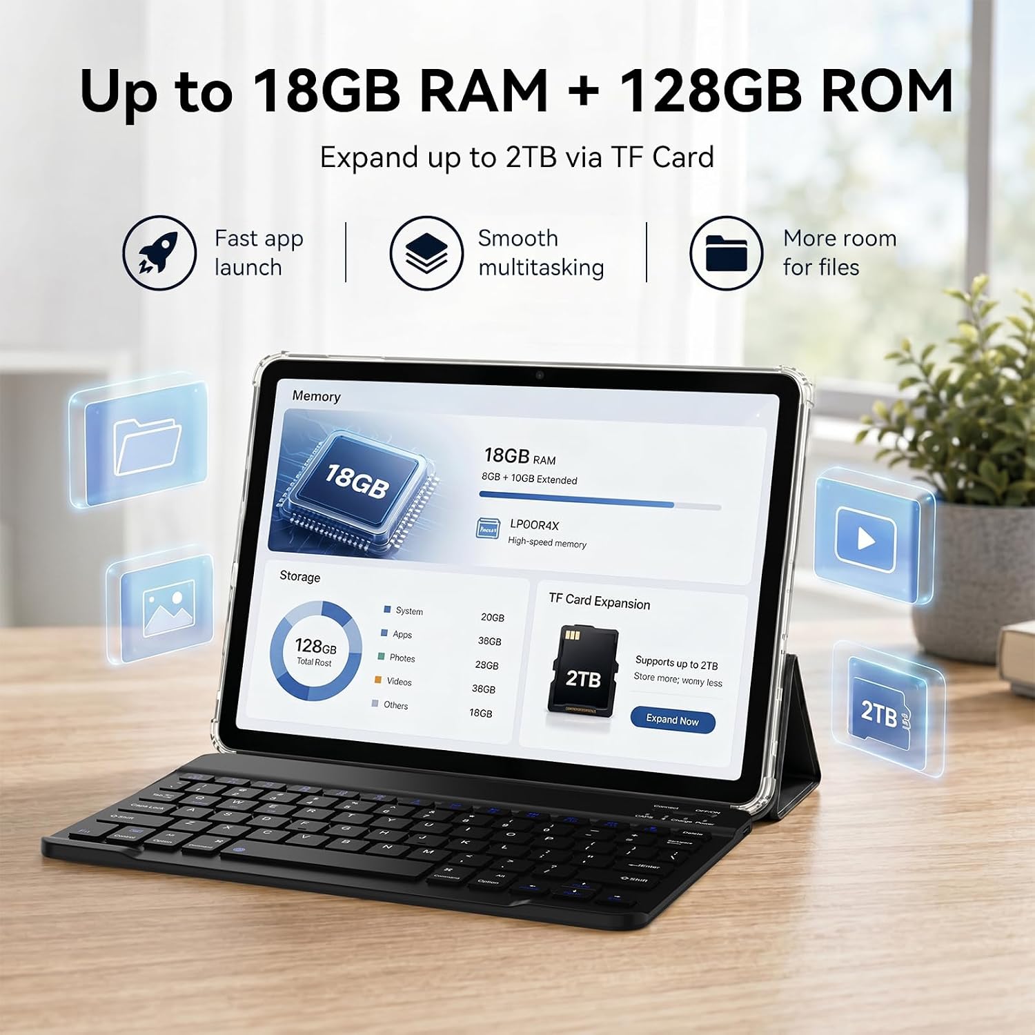 Thumbnail 3 de TABWEE T80 10.1-Inch Android 16 Tablet with Keyboard, 18GB RAM, 128GB ROM + 2TB Expandable, Gemini AI 3.1, 5G WiFi, GPS, 4-Year UK Warranty