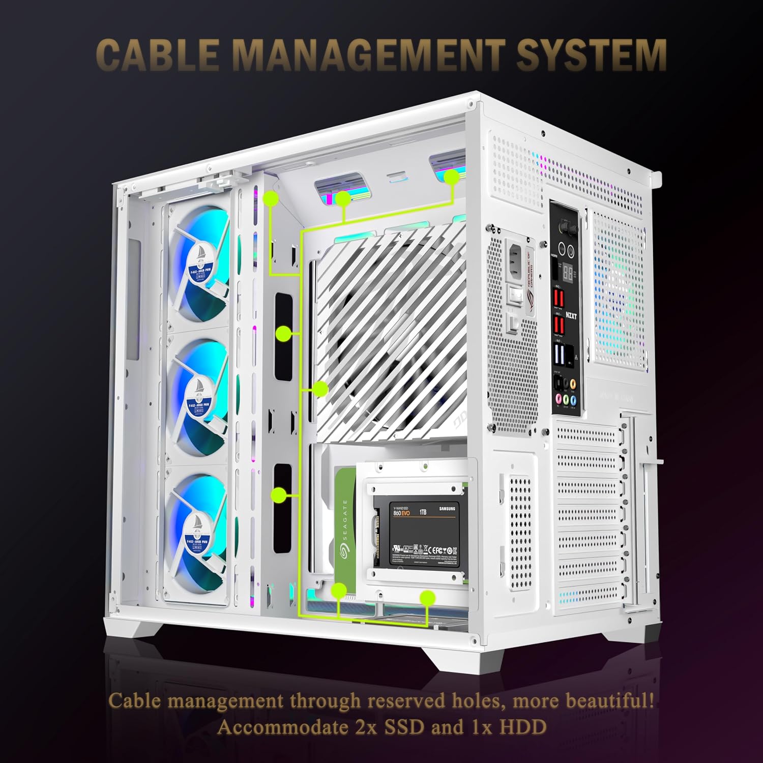 Detalle 2 de ANSAITE Case PC ATX H9 bianco: vetro temperato, 7 ventole PWM ARGB e supporto radiatore RAD 360 mm