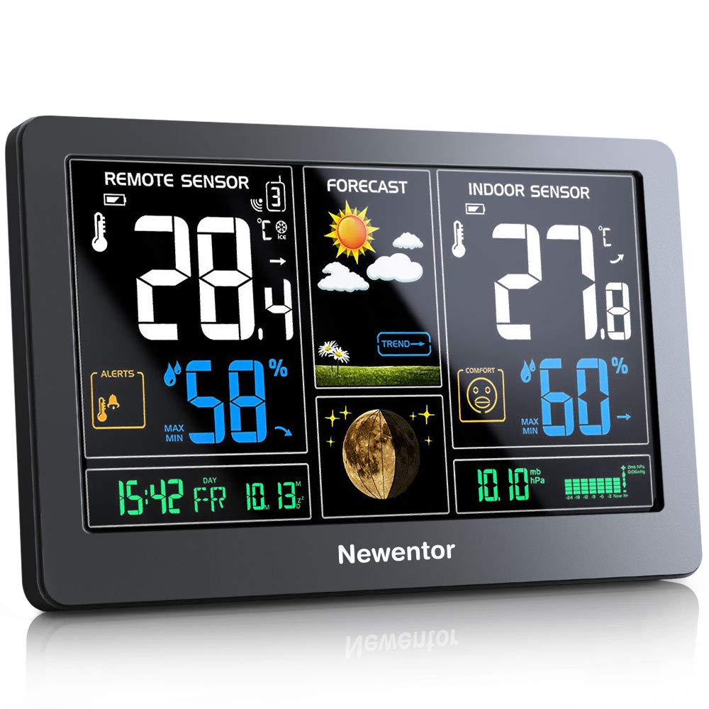 Detalle 2 de Newentor Funk-Wetterstation mit Außensensor (DCF-Funkuhr) – Schwarz, mit Wettervorhersage & Temperaturwarnung