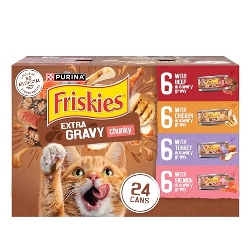 Detalle de Purina Friskies Extra Gravy Wet Cat Food Chunky Variety Pack (Chicken, Turkey, Salmon, Beef) — 24x5.5 oz Cans