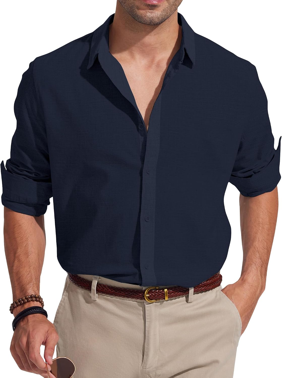 Detalle de Friptspyg Chemise en Lin pour Hommes – Manches Longues, 80% Coton + 20% Lin, Coupe Regular