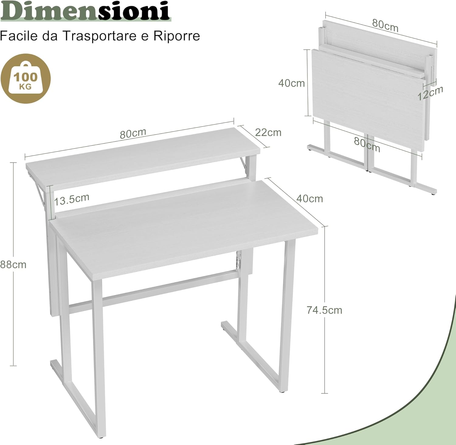 Detalle de JUMMICO Scrivania pieghevole: piccola scrivania bianca con supporto monitor, 80 x 40 cm