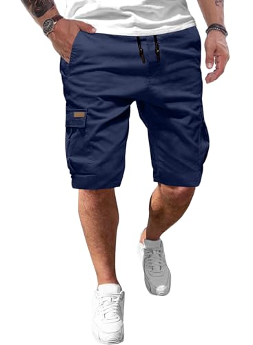 Detalle de JMIERR Cargo Shorts Herren – kurze Baumwoll-Shorts mit elastischer Taille, 6 Taschen, Blau, Größe L (EU 52)