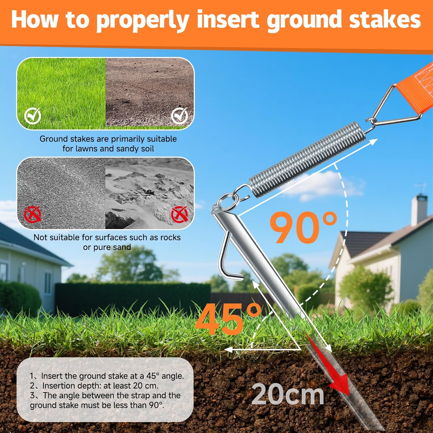 Detalle de Sturmband für Vorzelt & Markise – 5 cm breites Gurtband, 38 cm Erdanker, Sturmsicherung für Wohnmobil