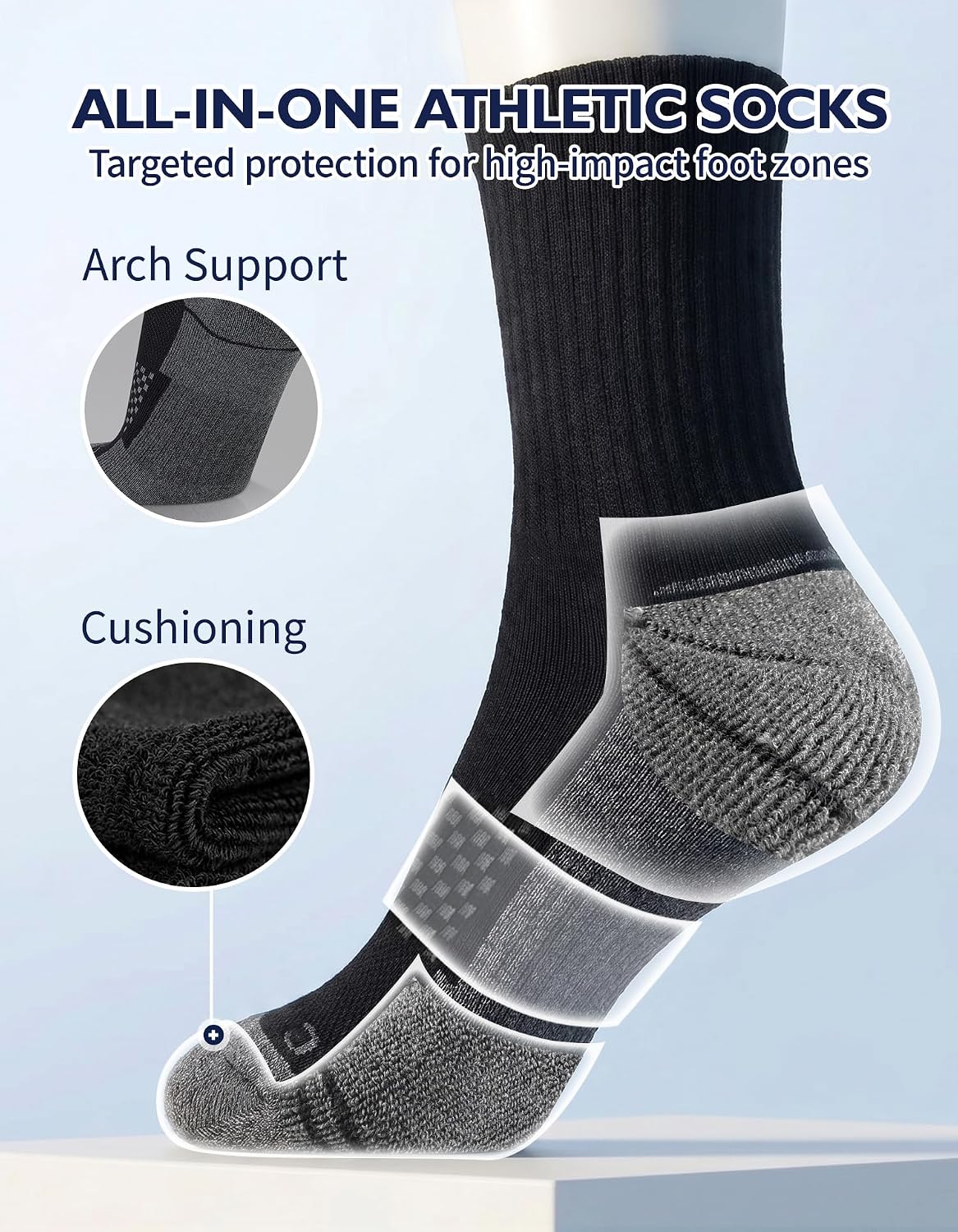 Detalle de CLOSEMATE CT08 Men's Cushioned Crew Socks, 6 Pairs, Cotton Blend