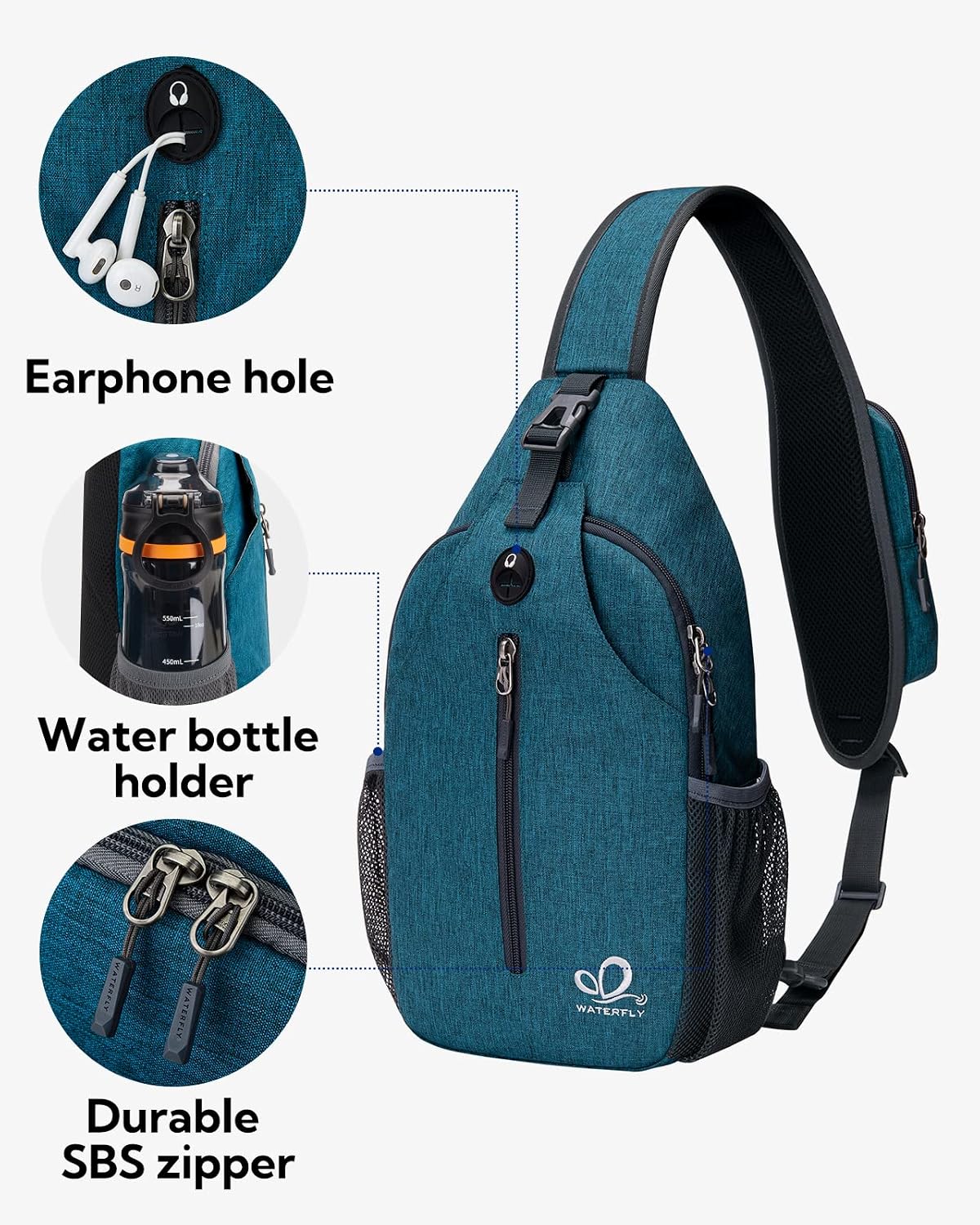 Detalle de Waterfly Sling Bag Backpack: Lightweight multi-compartment daily adventure bag
