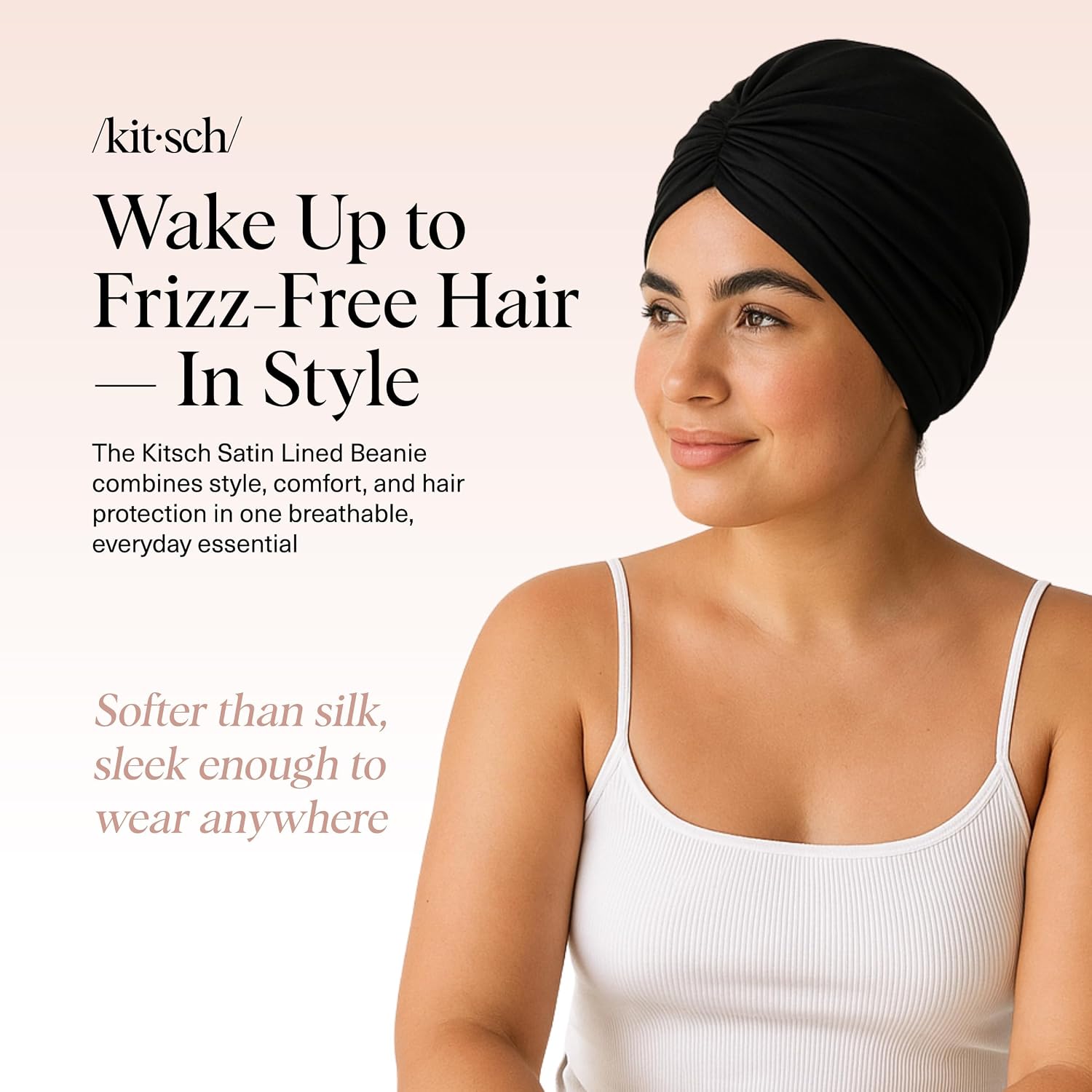 Thumbnail 1 de Kitsch Satin Lined Beanie for Sleeping, Black with Breathable Jersey Exterior