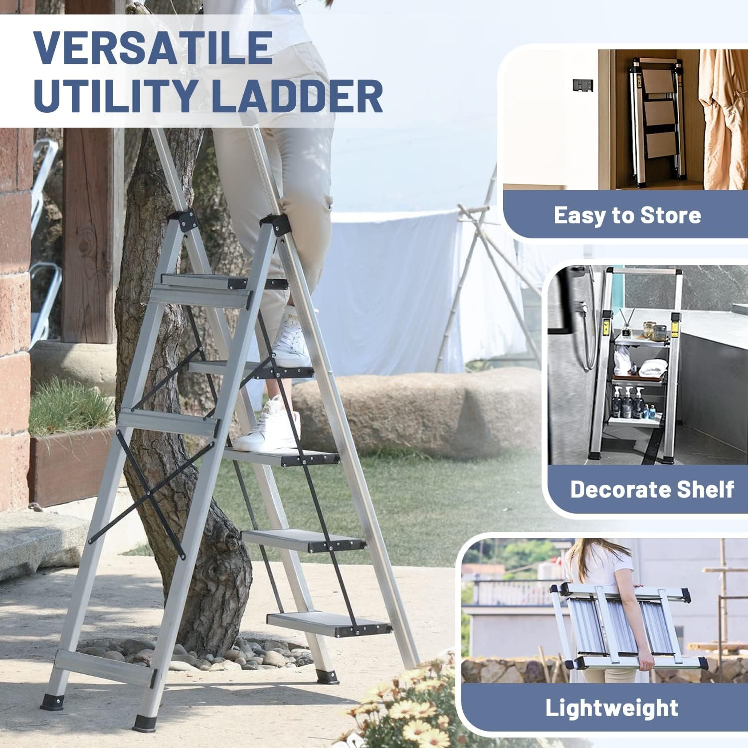 Thumbnail 5 de XinSunho Scala Alluminio 5 Gradini pieghevole con vaschetta portaoggetti e corrimano estraibile (portata 150 kg)