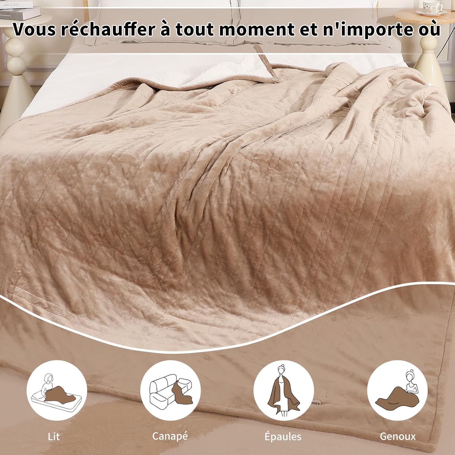 Thumbnail 4 de ESTINGO Couverture chauffante 200x150 cm flanelle sherpa, 6 températures et minuterie 10 h